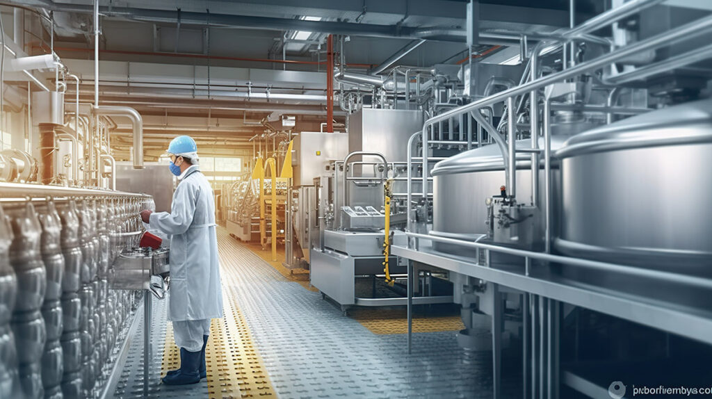 Factory worker inspecting production line tanker