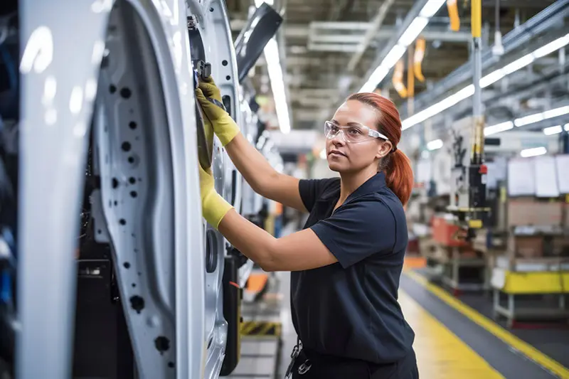 Confident female production line worker skillfully operating high-tech machinery