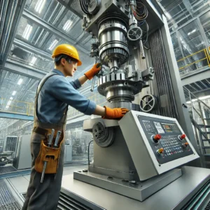 A realistic depiction of a millwright installing a machine in a factory setting. The worker is wearing protective gear such as a helmet and gloves