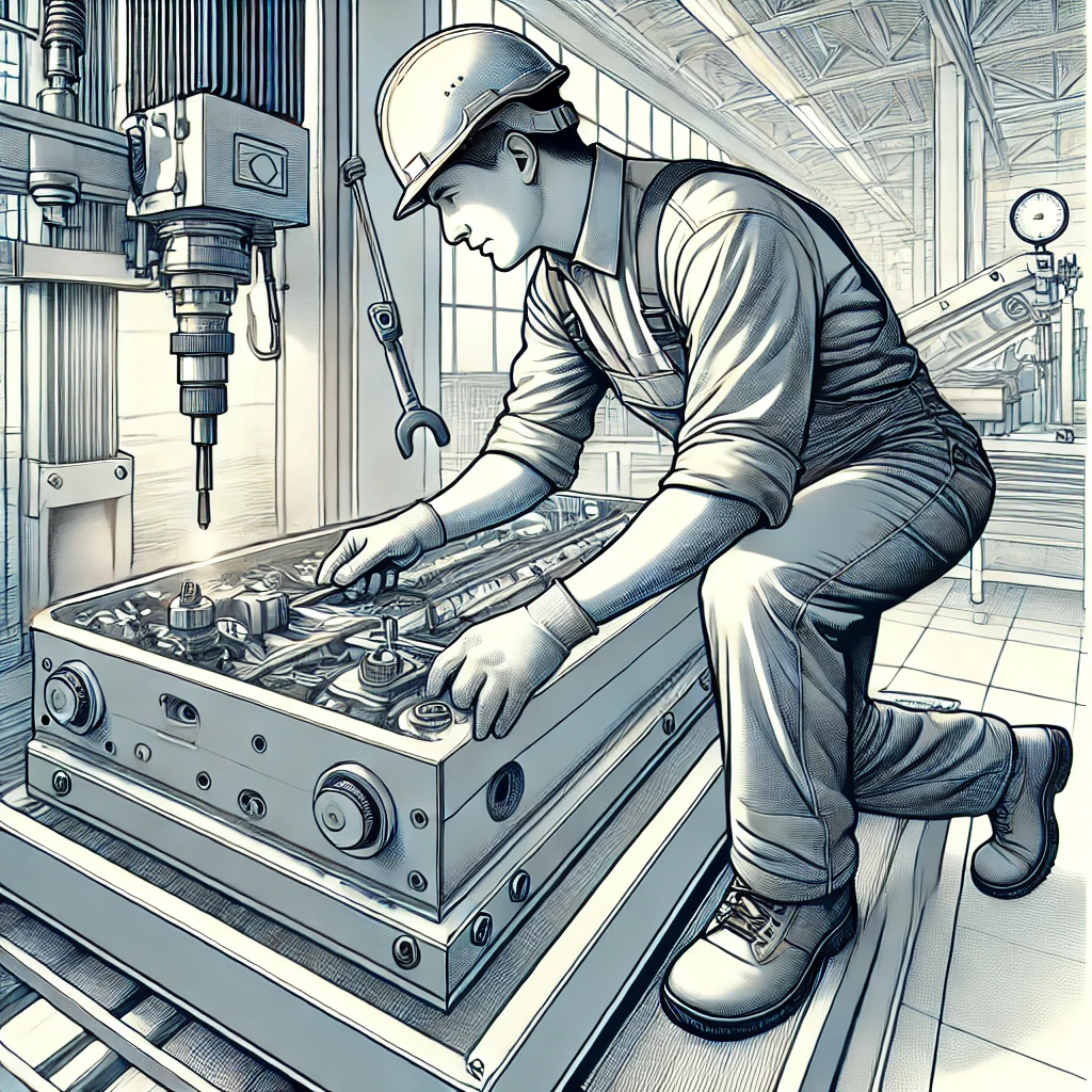 A focused and detailed illustration of a millwright installing a machine in a factory setting. The millwright is wearing protective gear, including a