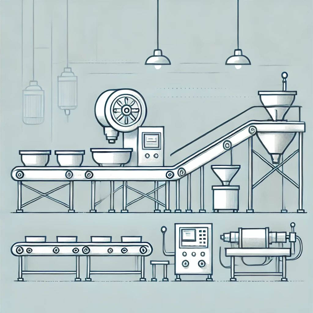 A simple illustration of food processing equipment in a factory setting