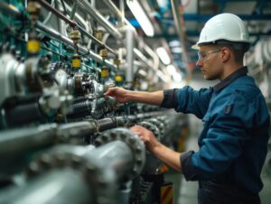 A Maintenance Engineer in protective gear inspecting industrial machinery in a factory, ensuring operational safety and efficiency.