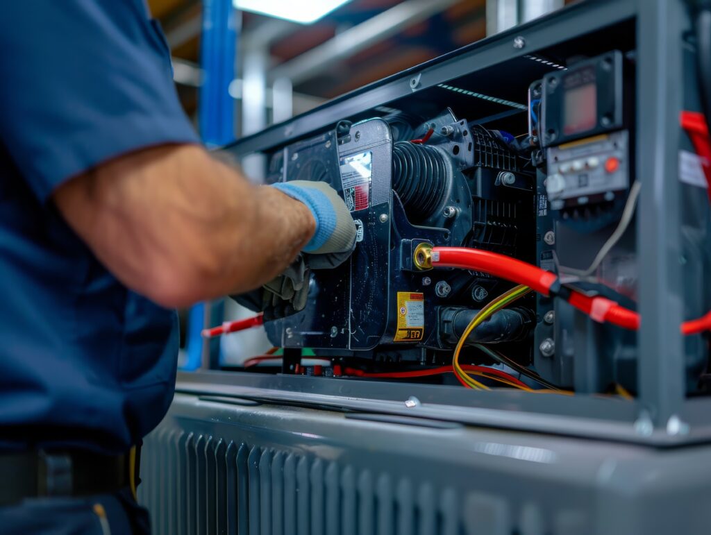 A maintenance technician works on the wiring of an industrial machine in a factory setting.