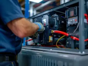 A maintenance technician works on the wiring of an industrial machine in a factory setting.