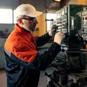 A male millwright aligning and calibrating an industrial machine