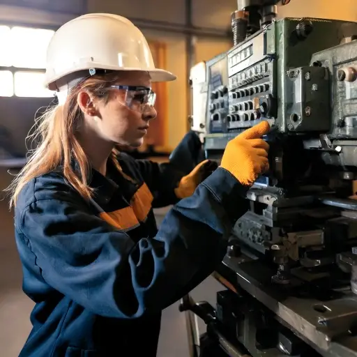 A millwright aligning and calibrating an industrial machine