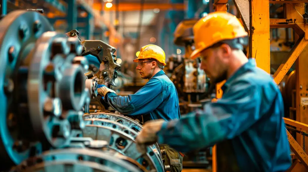 Two skilled tradespeople in hard hats assembling machinery in a factory.