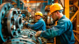 Two skilled tradespeople in hard hats assembling machinery in a factory.
