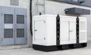 Mobile, standby industrial diesel generator for emergency power supply. Generator with internal combustion engine. For emergency use of electricity outdoors.